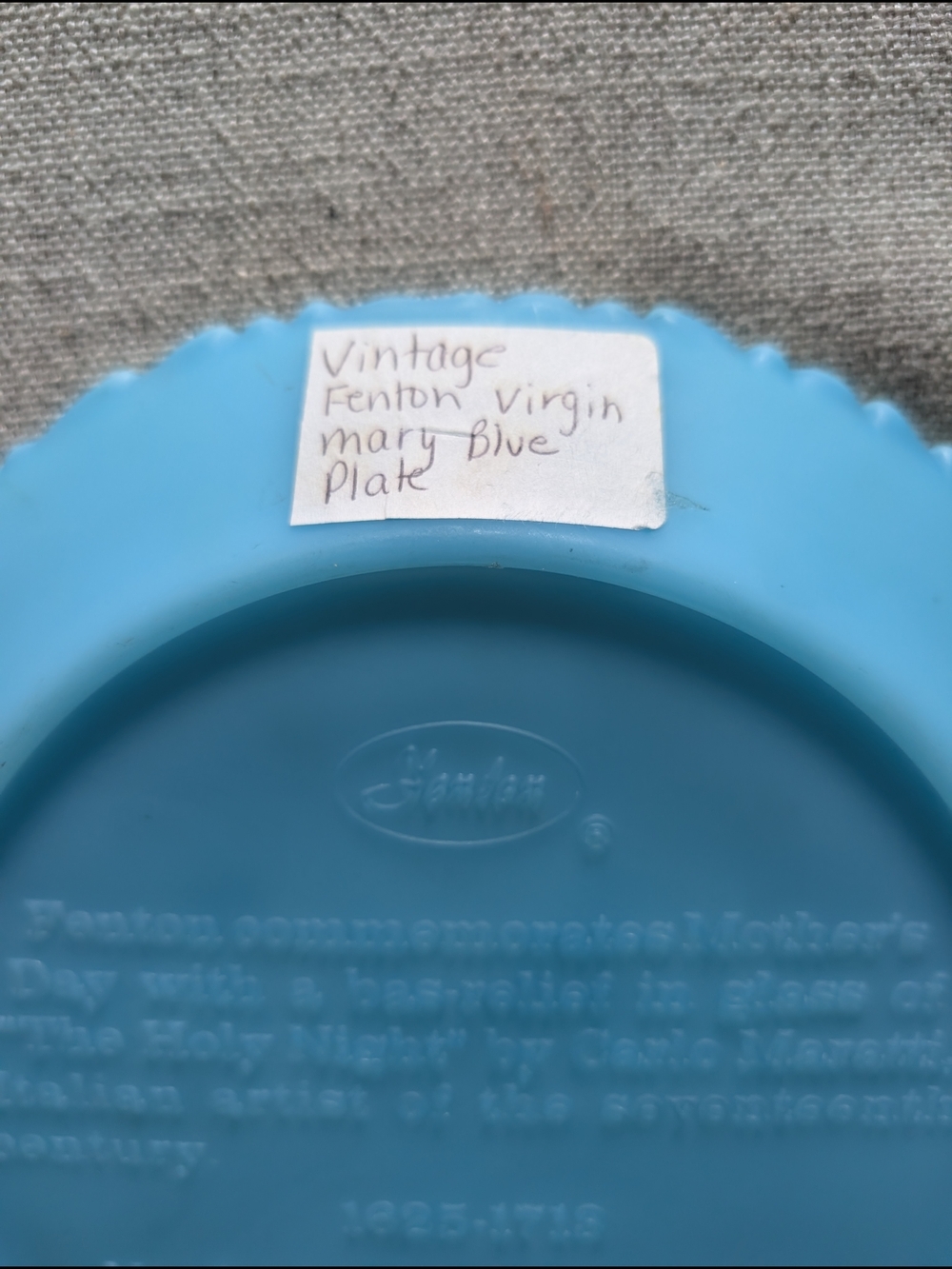 Vintage Fenton Blue Glass Mother’s Day Plate Holy Night 1976 Christianity - Picture 4 of 4